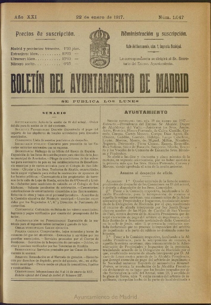 Miniatura de Boletín Oficial del Ayuntamiento de Madrid del 22 de enero de 1917, nº 1047