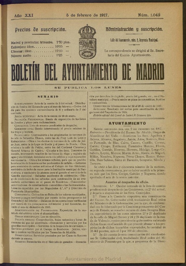 Miniatura de Boletín Oficial del Ayuntamiento de Madrid del 5 de febrero de 1917, nº 1049