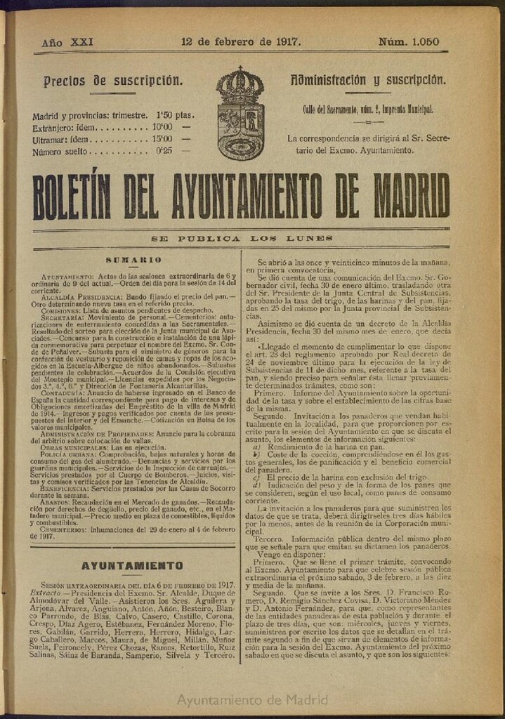 Miniatura de Boletín Oficial del Ayuntamiento de Madrid del 12 de febrero de 1917, nº 1050