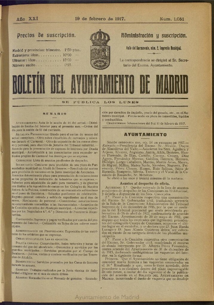 Miniatura de Boletín Oficial del Ayuntamiento de Madrid del 19 de febrero de 1917, nº 1051