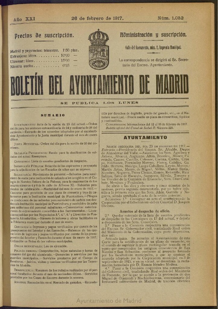 Miniatura de Boletín Oficial del Ayuntamiento de Madrid del 26 de febrero de 1917, nº 1052