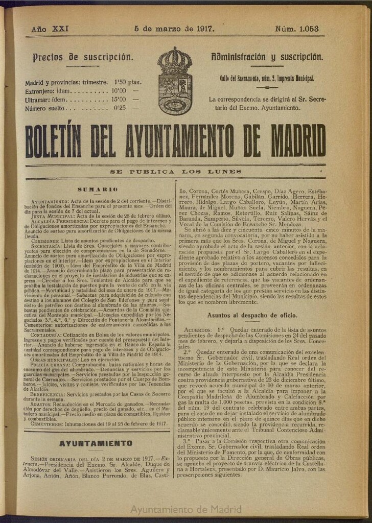 Miniatura de Boletín Oficial del Ayuntamiento de Madrid del 5 de marzo de 1917, nº 1053