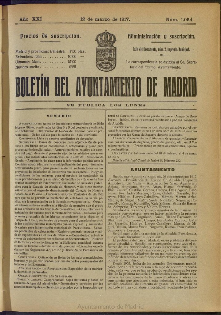 Miniatura de Boletín Oficial del Ayuntamiento de Madrid del 12 de marzo de 1917, nº 1054