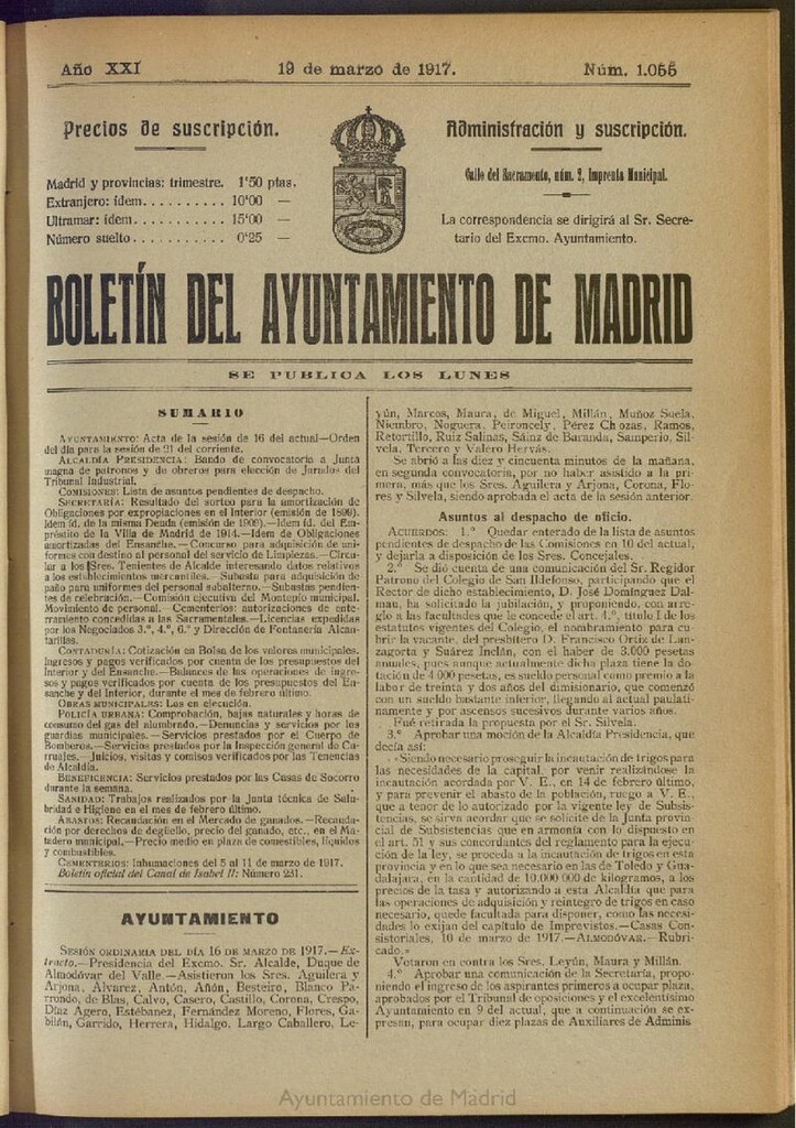 Miniatura de Boletín Oficial del Ayuntamiento de Madrid del 19 de marzo de 1917, nº 1055