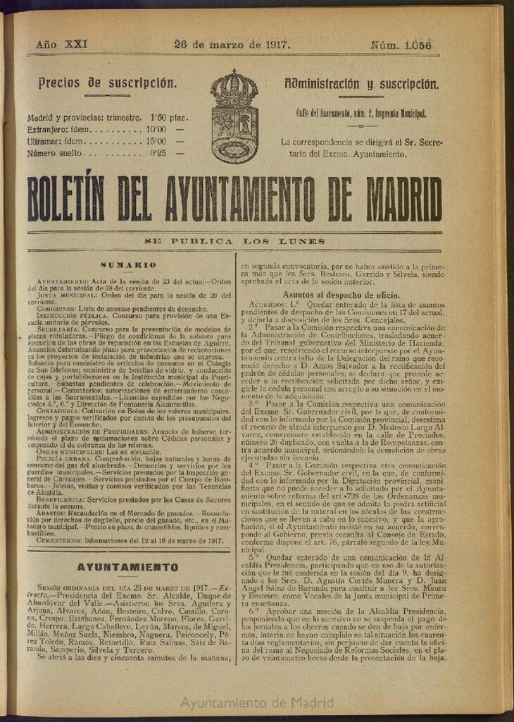 Miniatura de Boletín Oficial del Ayuntamiento de Madrid del 26 de marzo de 1917, nº 1056