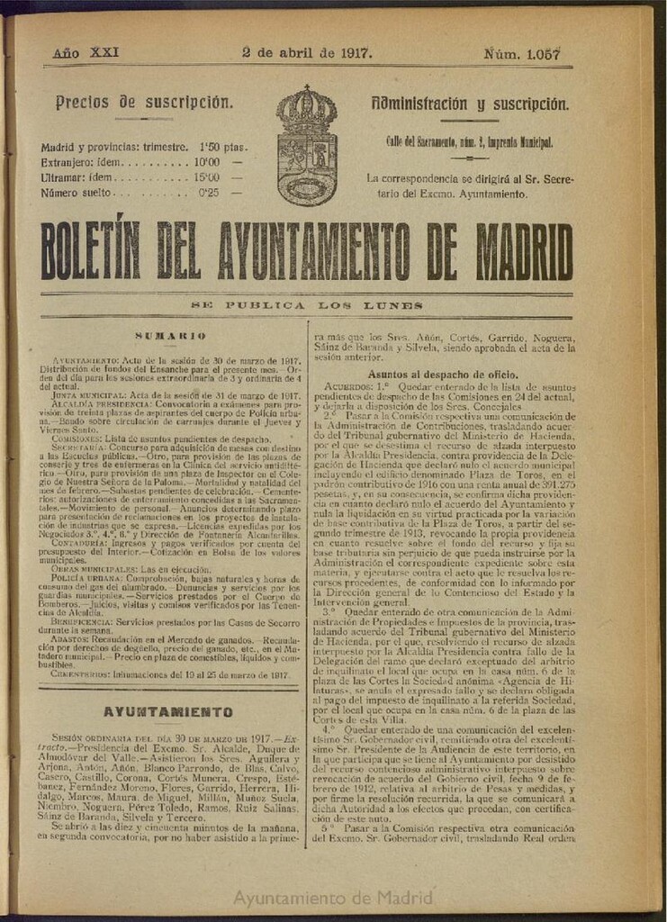 Miniatura de Boletín Oficial del Ayuntamiento de Madrid del 2 de abril de 1917, nº 1057