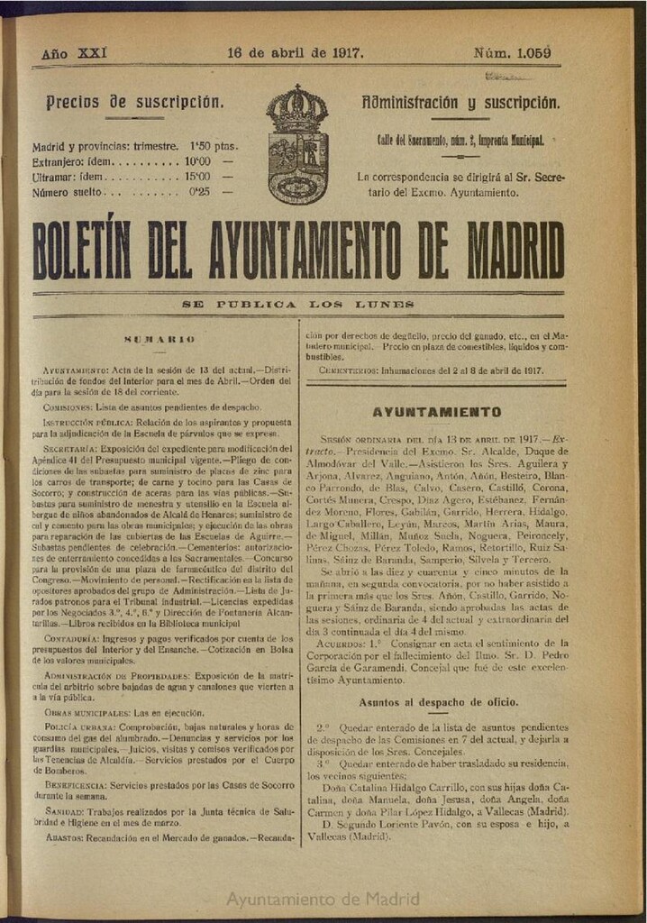 Miniatura de Boletín Oficial del Ayuntamiento de Madrid del 16 de abril de 1917, nº 1059