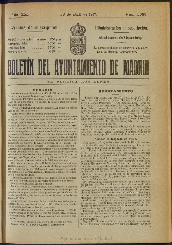 Miniatura de Boletín Oficial del Ayuntamiento de Madrid del 23 de abril de 1917, nº 1060