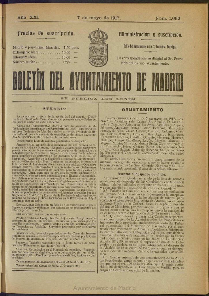 Miniatura de Boletín Oficial del Ayuntamiento de Madrid del 7 de mayo de 1917, nº 1062