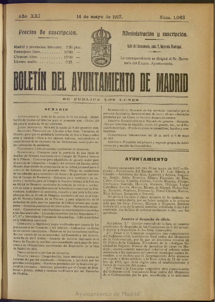 Miniatura de Boletín Oficial del Ayuntamiento de Madrid del 14 de mayo de 1917, nº 1063