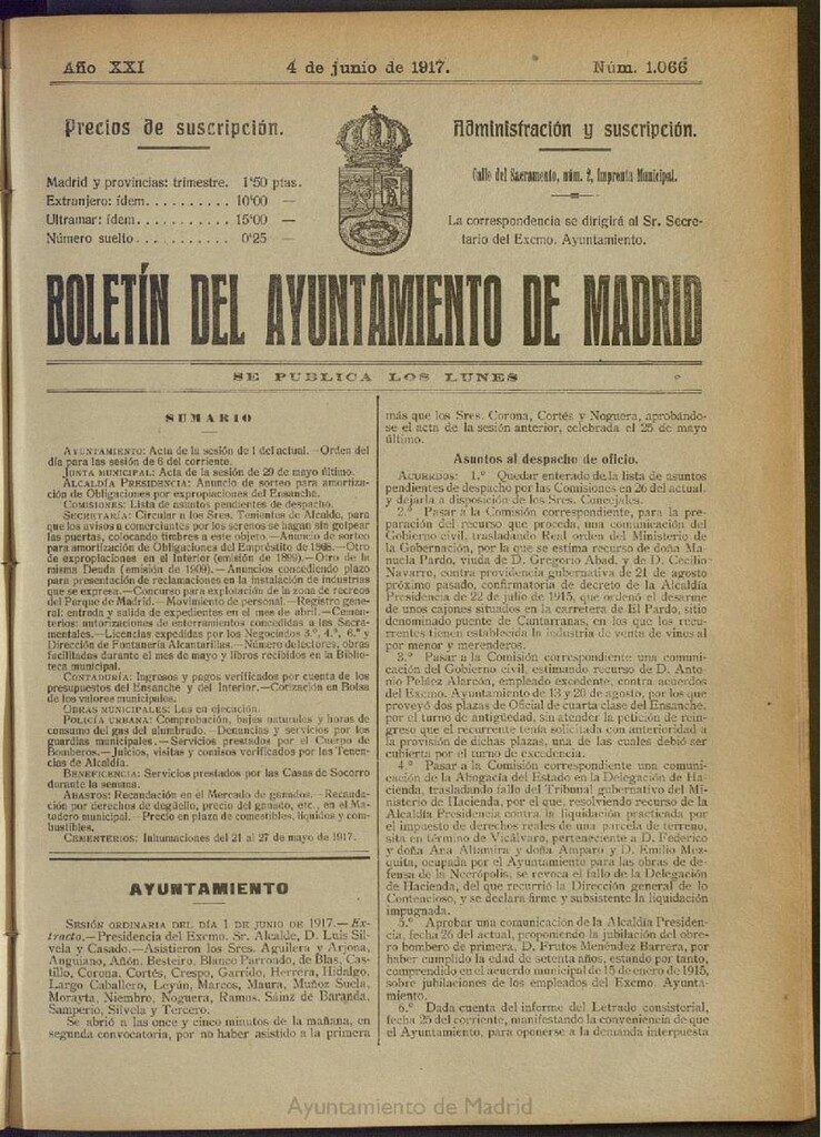 Miniatura de Boletín Oficial del Ayuntamiento de Madrid del 4 de junio de 1917, nº 1066