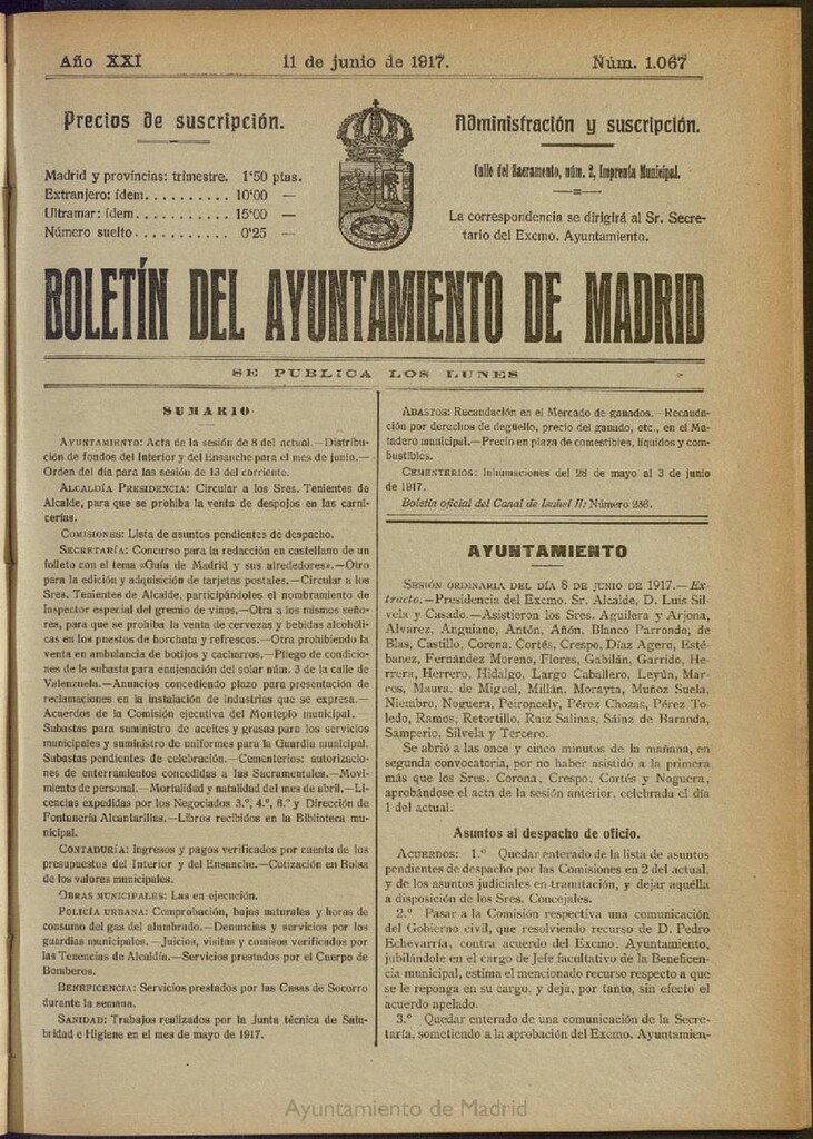 Miniatura de Boletín Oficial del Ayuntamiento de Madrid del 11 de junio de 1917, nº 1067