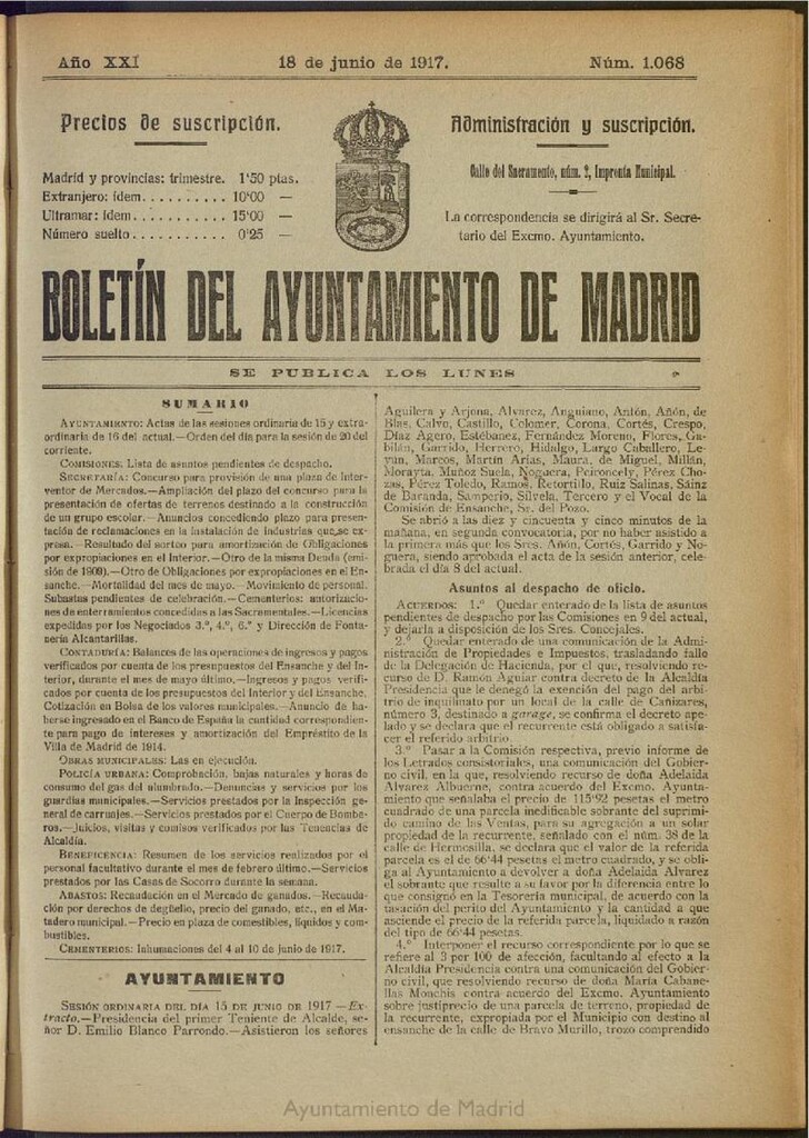 Miniatura de Boletín Oficial del Ayuntamiento de Madrid del 18 de junio de 1917, nº 1068
