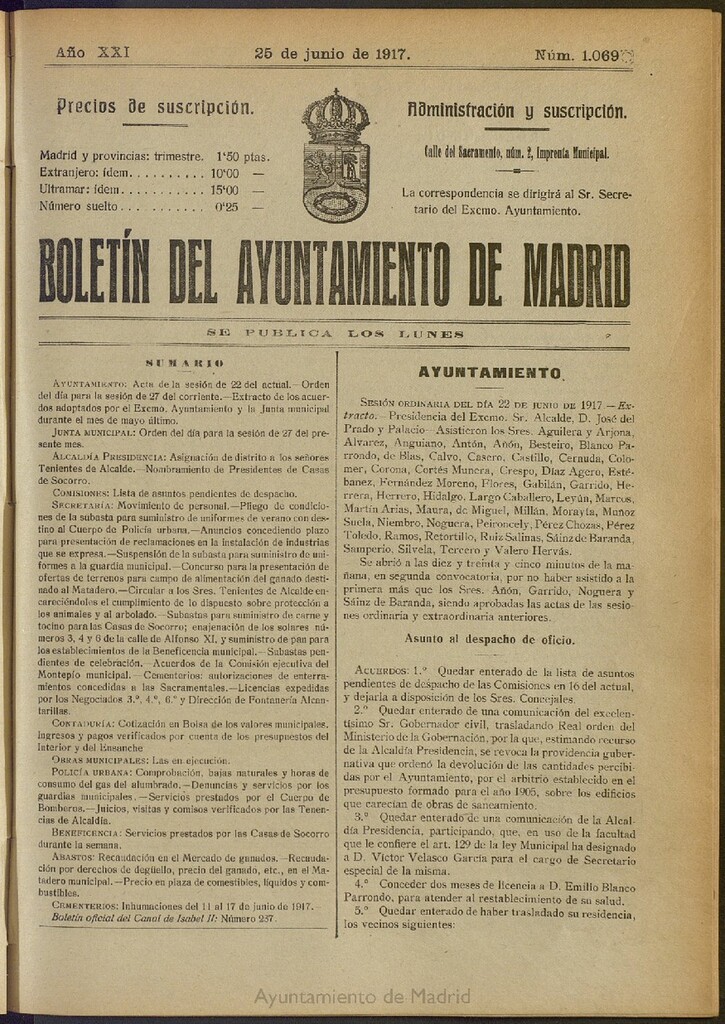 Miniatura de Boletín Oficial del Ayuntamiento de Madrid del 25 de junio de 1917, nº 1069