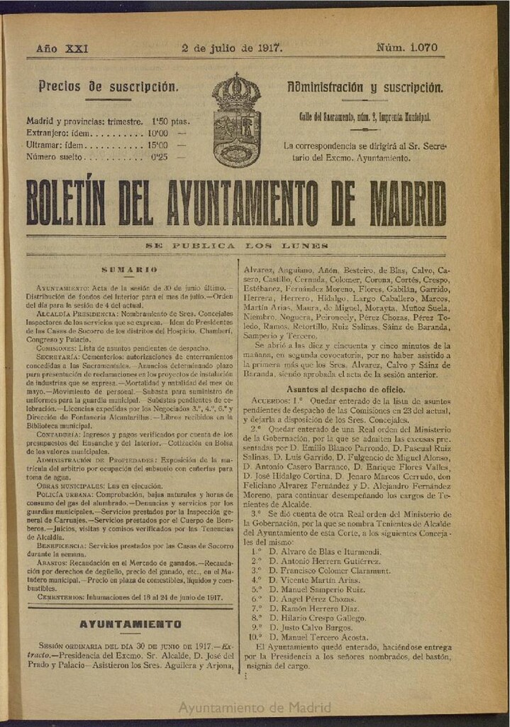 Miniatura de Boletín Oficial del Ayuntamiento de Madrid del 2 de julio de 1917, nº 1070