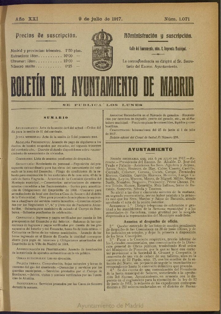 Miniatura de Boletín Oficial del Ayuntamiento de Madrid del 9 de julio de 1917, nº 1071