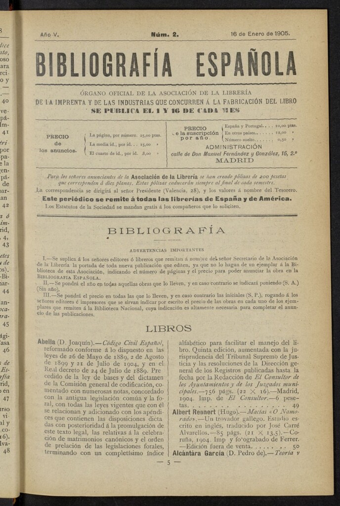 Miniatura de Bibliografía Española del 16 de enero de 1905