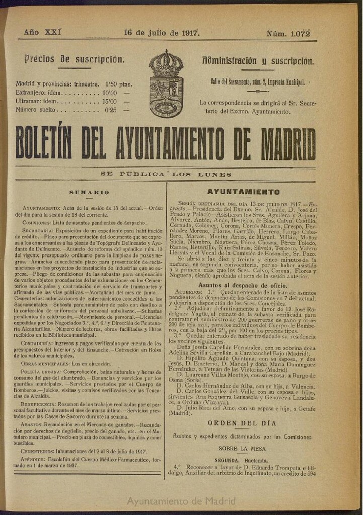 Miniatura de Boletín Oficial del Ayuntamiento de Madrid del 16 de julio de 1917, nº 1072