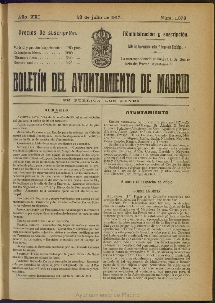 Miniatura de Boletín Oficial del Ayuntamiento de Madrid del 23 de julio de 1917, nº 1073