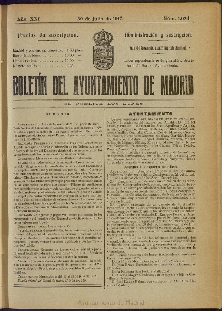 Miniatura de Boletín Oficial del Ayuntamiento de Madrid del 30 de julio de 1917, nº 1074