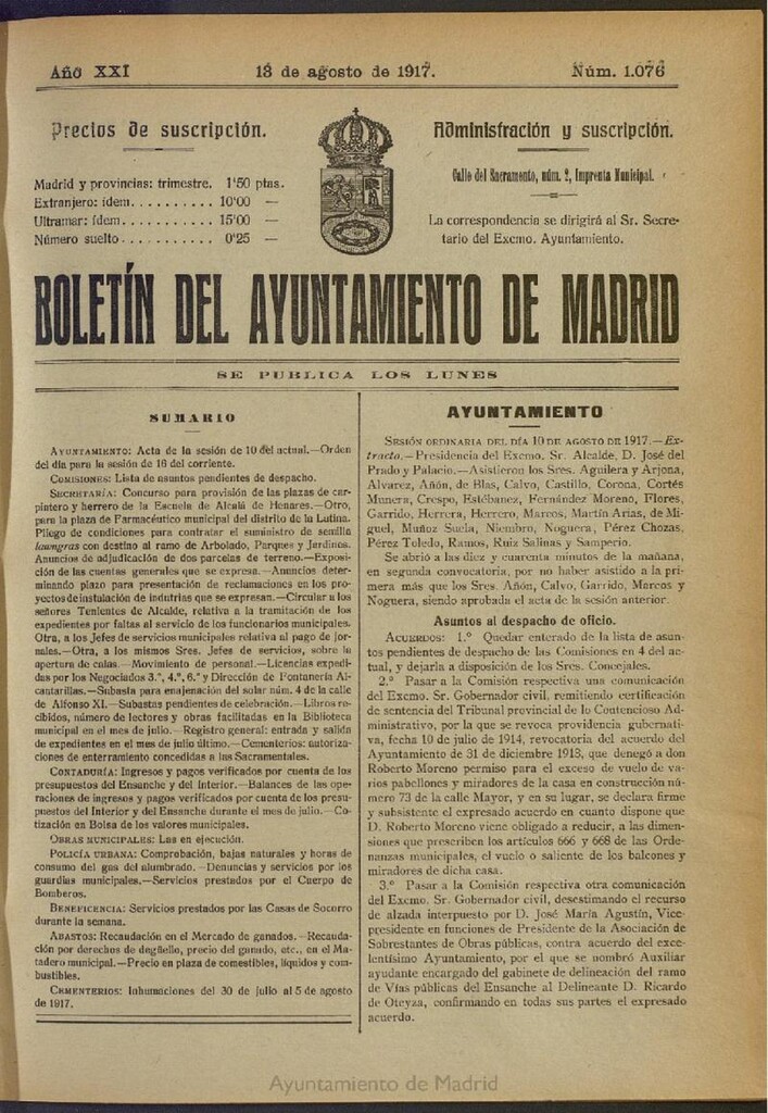 Miniatura de Boletín Oficial del Ayuntamiento de Madrid del 13 de agosto de 1917, nº 1076