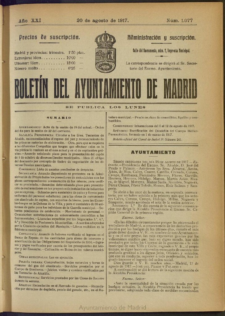 Miniatura de Boletín Oficial del Ayuntamiento de Madrid del 20 de agosto de 1917, nº 1077