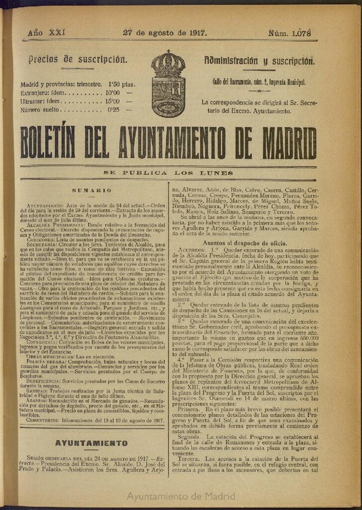 Miniatura de Boletín Oficial del Ayuntamiento de Madrid del 27 de agosto de 1917, nº 1078