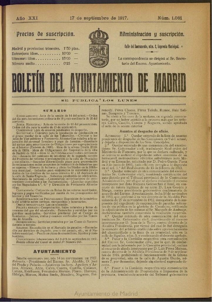 Miniatura de Boletín Oficial del Ayuntamiento de Madrid del 17 de septiembre de 1917, nº 1081