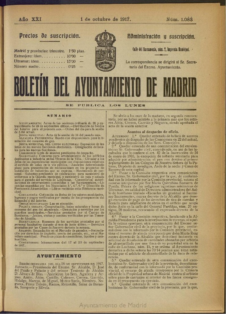 Miniatura de Boletín Oficial del Ayuntamiento de Madrid del 1 de octubre de 1917, nº 1083