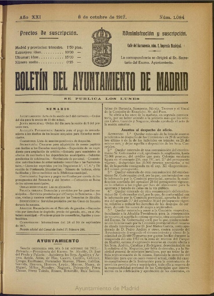 Miniatura de Boletín Oficial del Ayuntamiento de Madrid del 8 de octubre de 1917, nº 1084