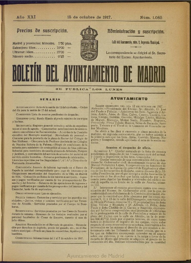 Miniatura de Boletín Oficial del Ayuntamiento de Madrid del 15 de octubre de 1917, nº 1085