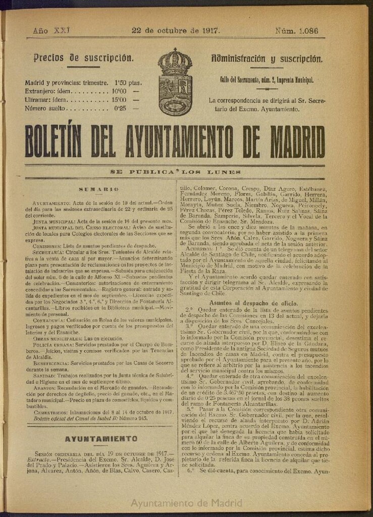 Miniatura de Boletín Oficial del Ayuntamiento de Madrid del 22 de octubre de 1917, nº 1086