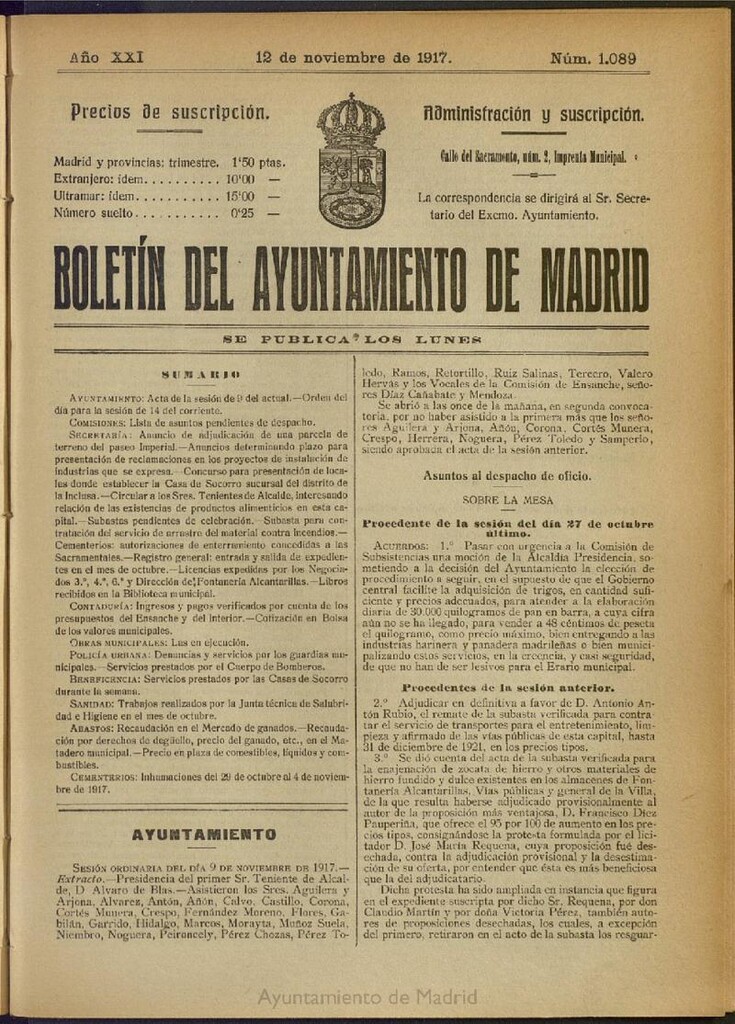 Miniatura de Boletín Oficial del Ayuntamiento de Madrid del 12 de noviembre de 1917, nº 1089