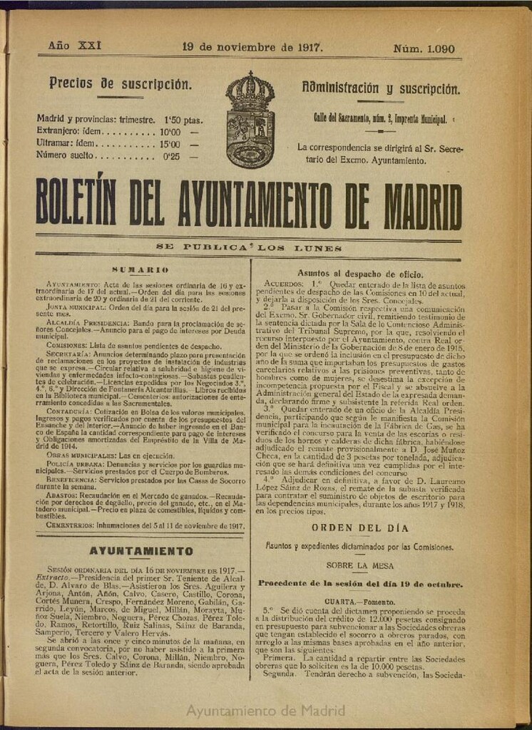 Miniatura de Boletín Oficial del Ayuntamiento de Madrid del 19 de noviembre de 1917, nº 1090