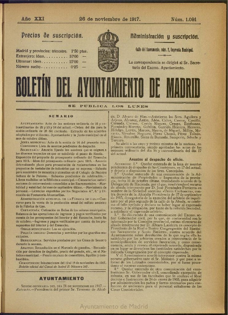 Miniatura de Boletín Oficial del Ayuntamiento de Madrid del 26 de noviembre de 1917, nº 1091