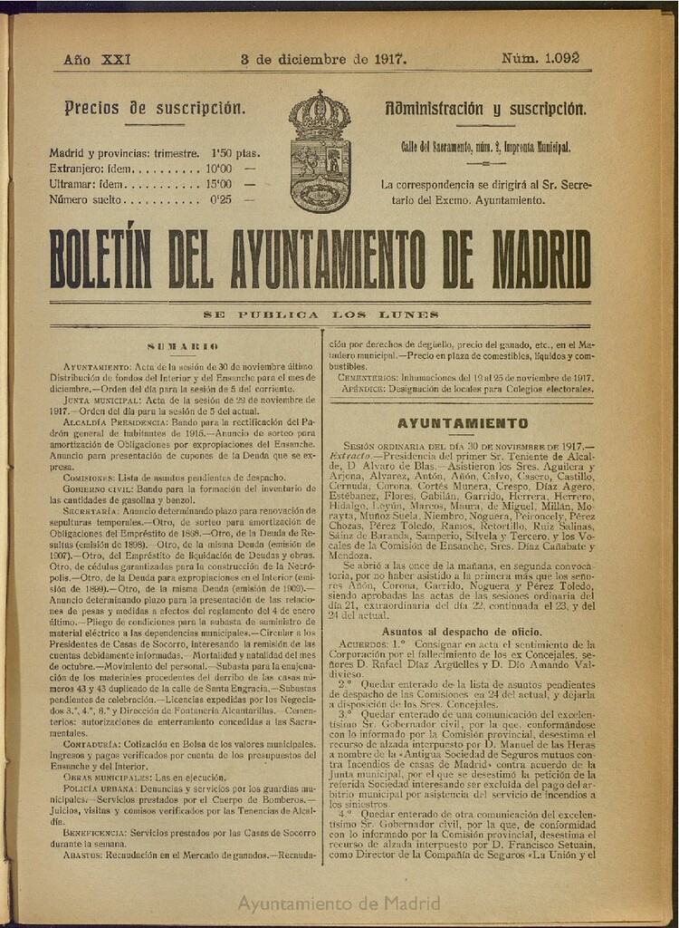 Miniatura de Boletín Oficial del Ayuntamiento de Madrid del 3 de diciembre de 1917, nº 1092