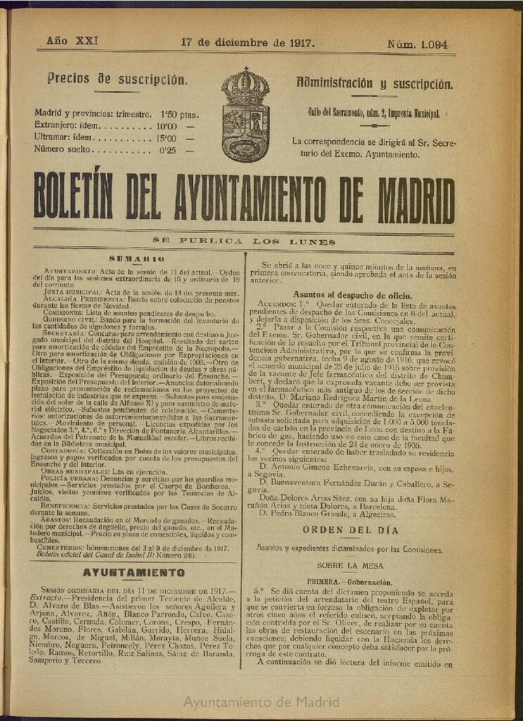 Miniatura de Boletín Oficial del Ayuntamiento de Madrid del 17 de diciembre de 1917, nº 1094
