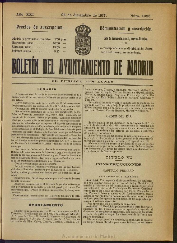 Miniatura de Boletín Oficial del Ayuntamiento de Madrid del 24 de diciembre de 1917, nº 1095