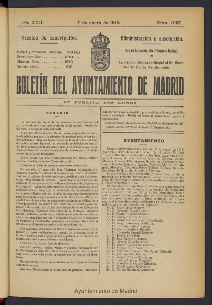 Miniatura de Boletín Oficial del Ayuntamiento de Madrid del 7 de enero de 1918, nº 1097