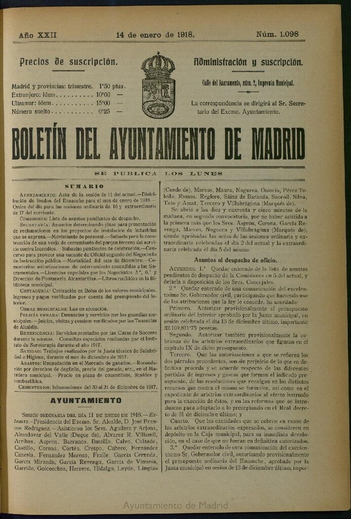 Miniatura de Boletín Oficial del Ayuntamiento de Madrid del 14 de enero de 1918, nº 1098