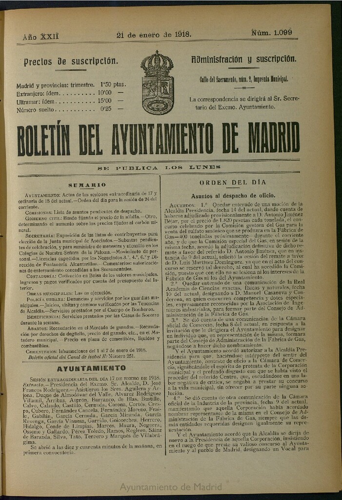 Miniatura de Boletín Oficial del Ayuntamiento de Madrid del 21 de enero de 1918, nº 1099