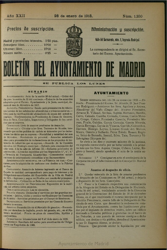Miniatura de Boletín Oficial del Ayuntamiento de Madrid del 28 de enero de 1918, nº 1100