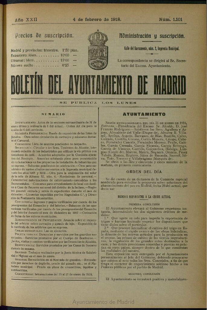 Miniatura de Boletín Oficial del Ayuntamiento de Madrid del 4 de febrero de 1918, nº 1101