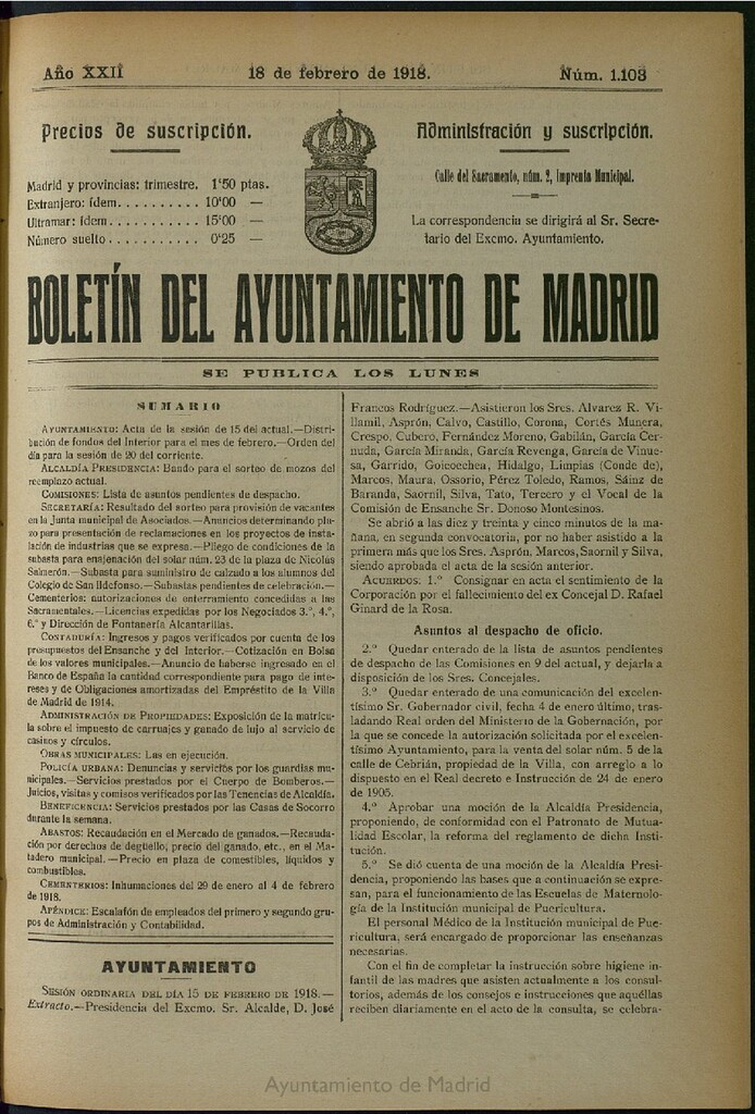 Miniatura de Boletín Oficial del Ayuntamiento de Madrid del 18 de febrero de 1918, nº 1103