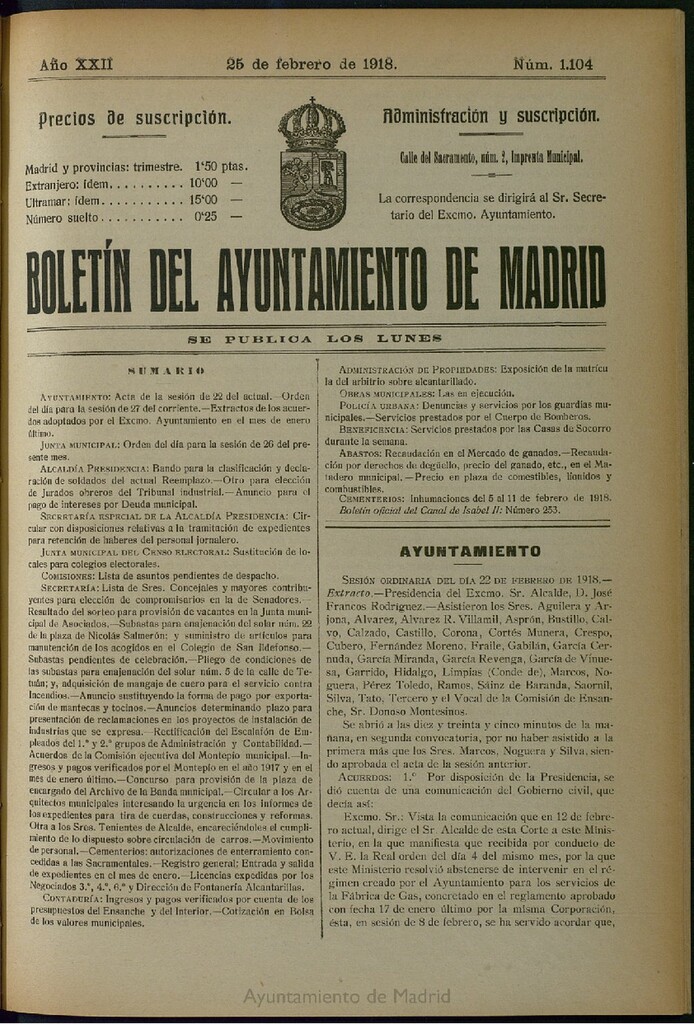 Miniatura de Boletín Oficial del Ayuntamiento de Madrid del 25 de febrero de 1918, nº 1104