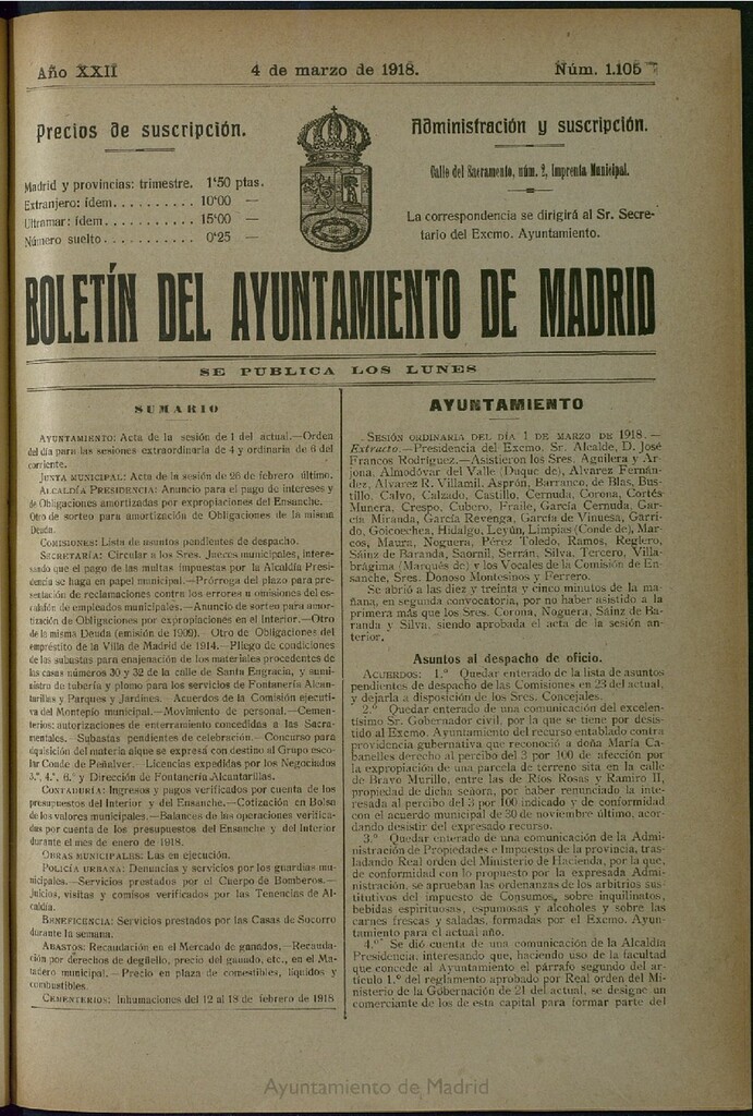 Miniatura de Boletín Oficial del Ayuntamiento de Madrid del 4 de marzo de 1918, nº 1105