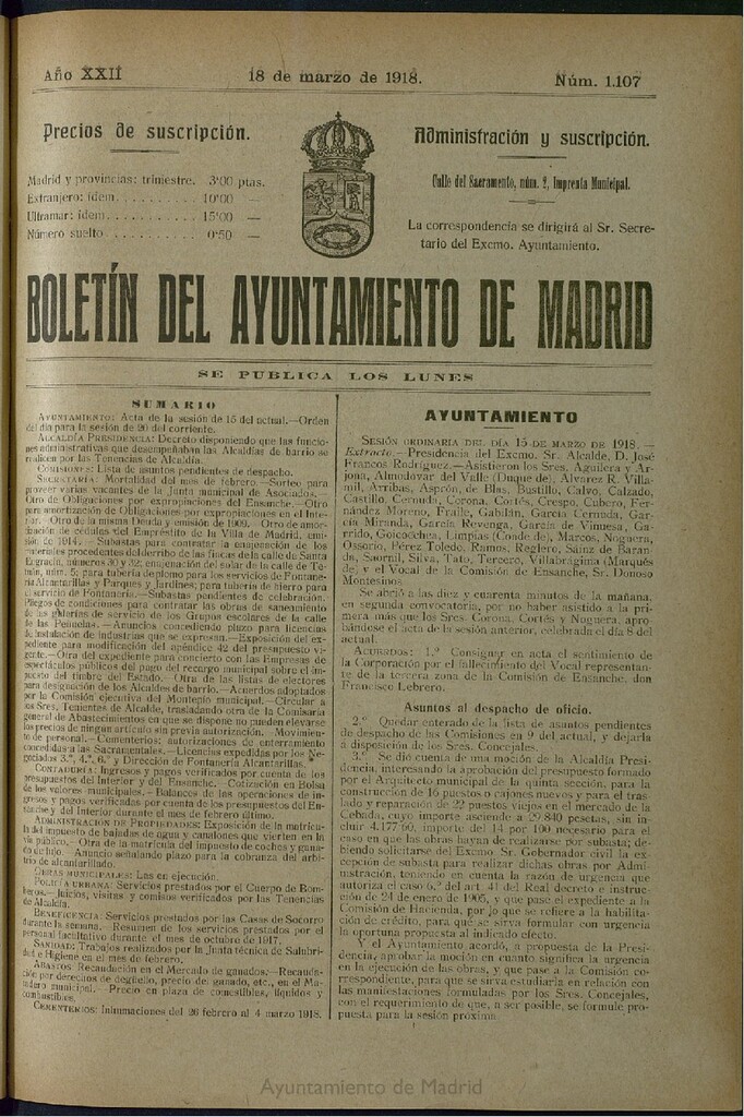 Miniatura de Boletín Oficial del Ayuntamiento de Madrid del 18 de marzo de 1918, nº 1107