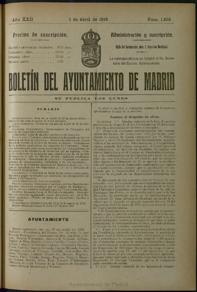 Miniatura de Boletín Oficial del Ayuntamiento de Madrid del 1 de abril de 1918, nº 1109