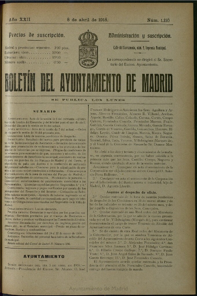 Miniatura de Boletín Oficial del Ayuntamiento de Madrid del 8 de abril de 1918, nº 1110