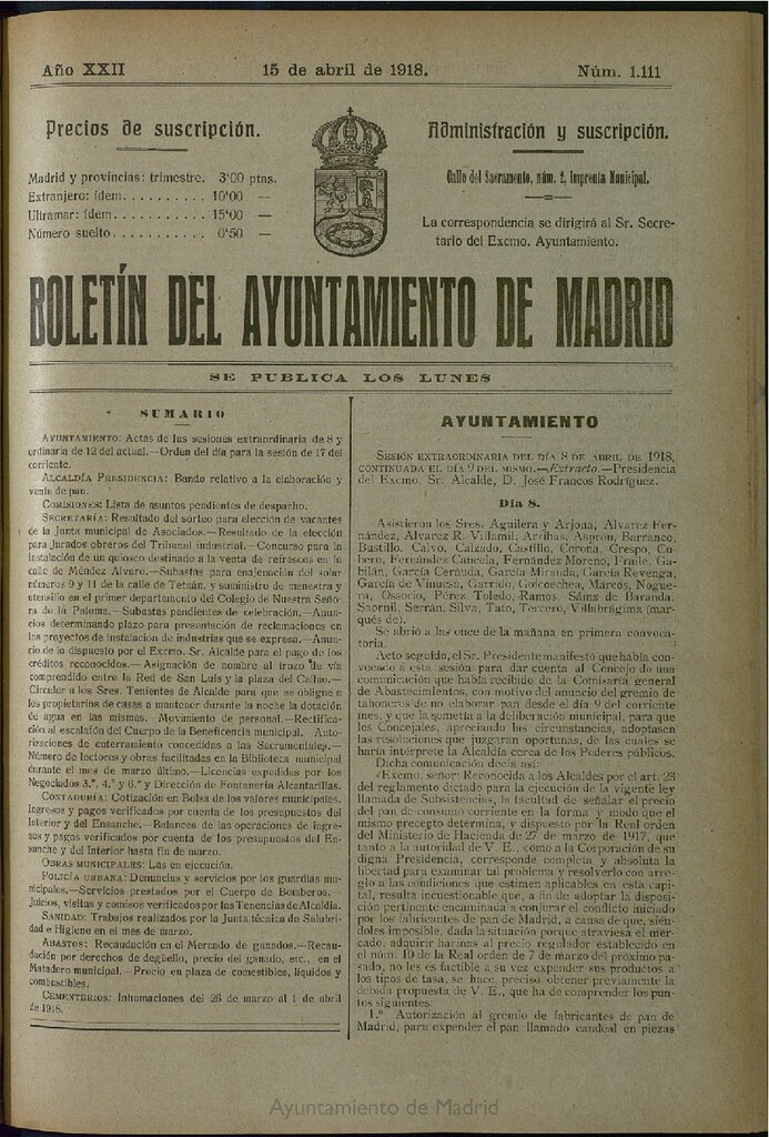 Miniatura de Boletín Oficial del Ayuntamiento de Madrid del 15 de abril de 1918, nº 1111